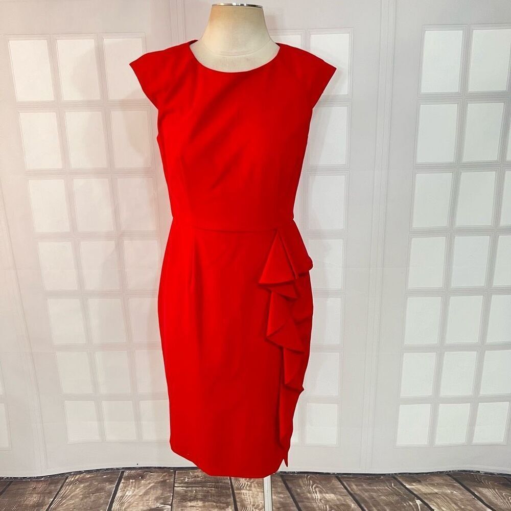 Calvin Klein Red Ruffle Crew Neck Cap Sleeve Lined Sheath Dress Size 6